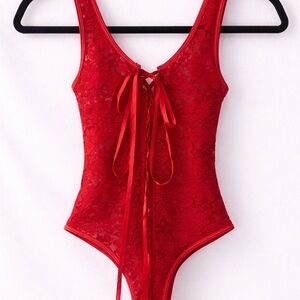 Red Lace Chemise Bodysuit with Ribbon Tie